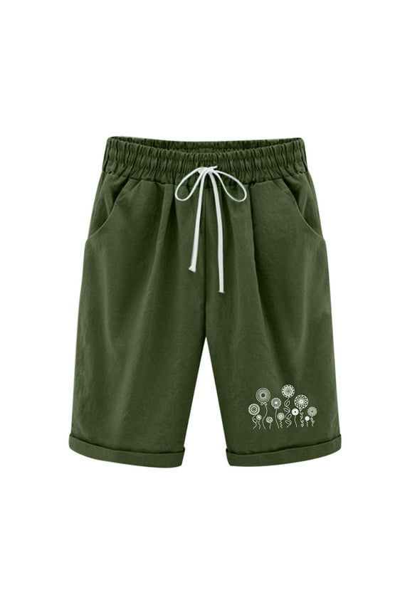 Summer Cotton Floral Print Bermuda Shorts Elastic Waist Drawstring Shorts Roll Cuff Pants Slant Pocket