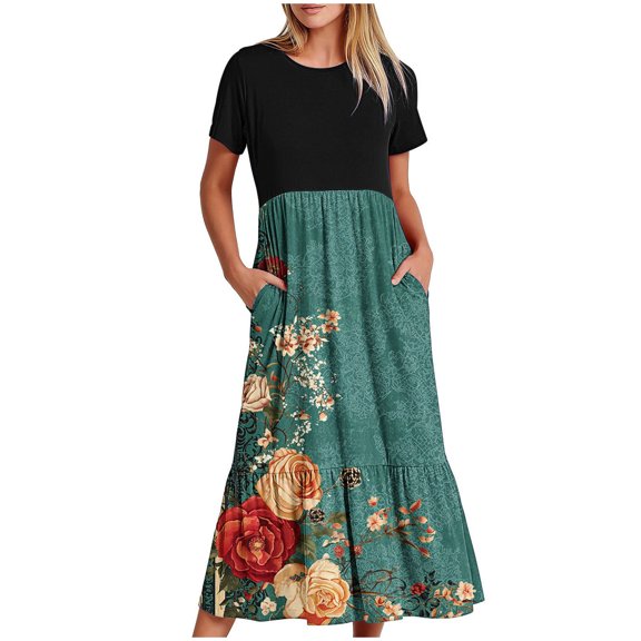 Hvot&aat Summer Dresses for Women Loose Round Neck Short Sleeve T-Shirts Dress Flowy Tiered Ruffle Sundress