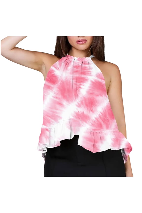 Summer Halter Tops for Women Boho Ruffle Hem Flowy Top Sexy Sleeveless Beach Vacation Tank Top