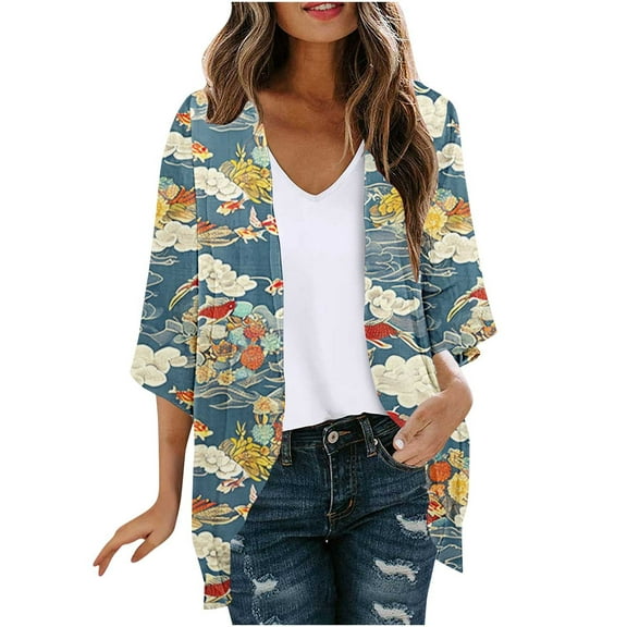 Hvot&aat Summer Lightweight Cardigan for Women 3/4 Sleeve Printing Casual Blouse Boho Swimsuit Cover Up