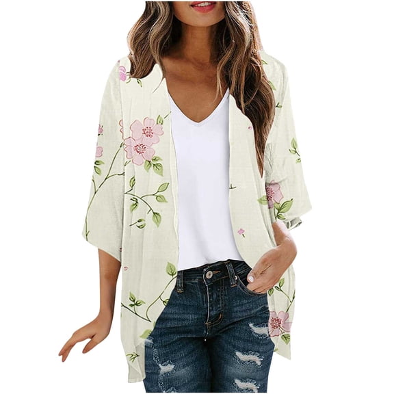 Hvot&aat Summer Lightweight Cardigan for Women 3/4 Sleeve Printing Casual Blouse Boho Swimsuit Cover Up