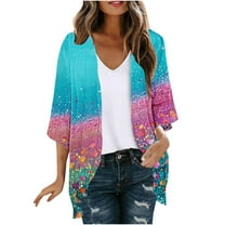 Hvot&aat Summer Lightweight Cardigan for Women 3/4 Sleeve Printing Casual Blouse Boho Swimsuit Cover Up
