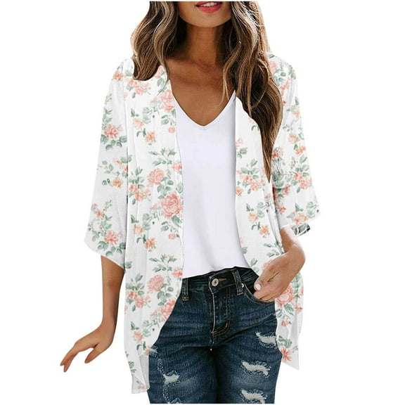 Hvot&aat Summer Lightweight Cardigan for Women 3/4 Sleeve Printing Casual Blouse Boho Swimsuit Cover Up