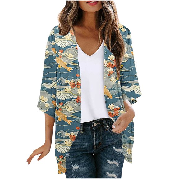 Hvot&aat Summer Lightweight Cardigan for Women 3/4 Sleeve Printing Casual Blouse Boho Swimsuit Cover Up