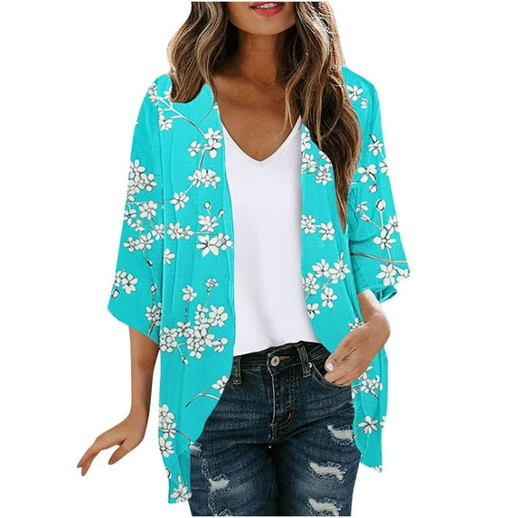 Hvot&aat Summer Lightweight Cardigan for Women 3/4 Sleeve Printing Casual Blouse Boho Swimsuit Cover Up