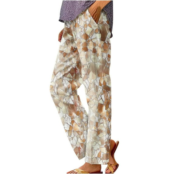 Hvot&aat Summer Pants for Women Lightweight Baggy Wide Leg Pants Comfy Print Straight Leg Trousers with Pocket