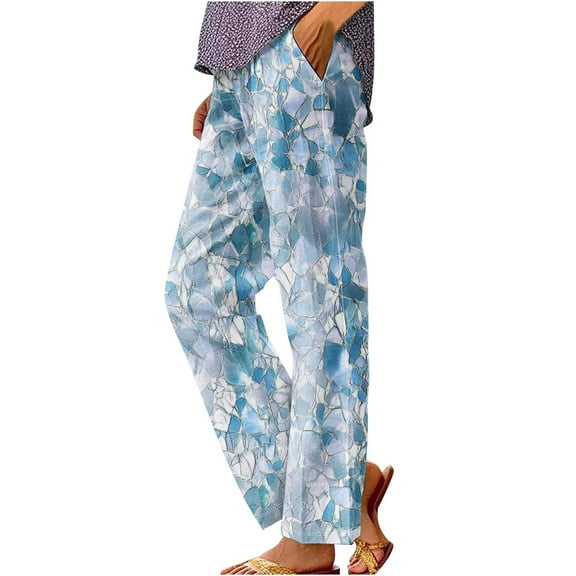 Hvot&aat Summer Pants for Women Lightweight Baggy Wide Leg Pants Comfy Print Straight Leg Trousers with Pocket