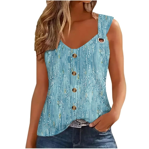 Hvot&aat Summer Tank Tops for Women V Neck Sleeveless O Ring Shoulder Blouses Loose Fit Button Up Printed Shirts