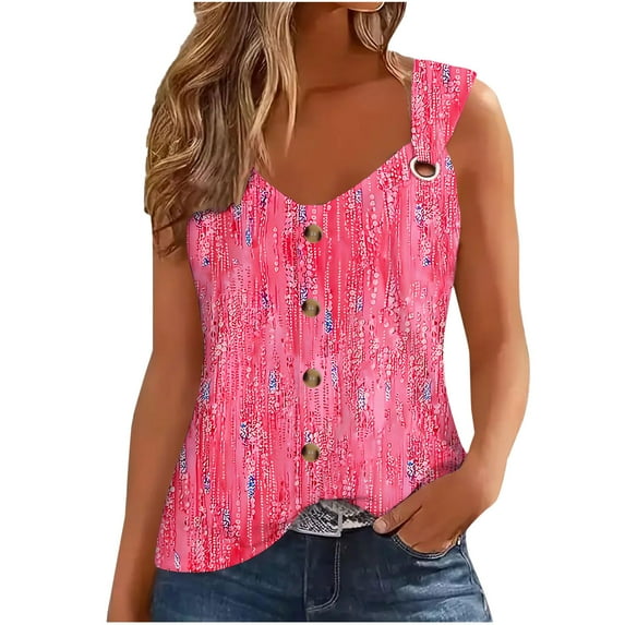 Hvot&aat Summer Tank Tops for Women V Neck Sleeveless O Ring Shoulder Blouses Loose Fit Button Up Printed Shirts