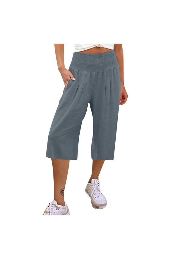 Summer Wide Leg Linen Capri Pants for Women Smocked High Waisted Casual Loose Solid Lounge Trousers with Pockets