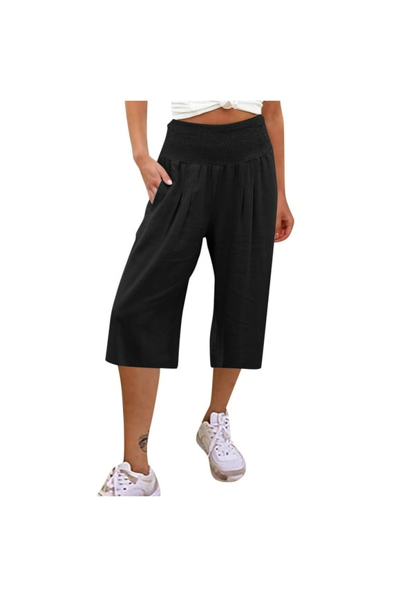 Summer Wide Leg Linen Capri Pants for Women Smocked High Waisted Casual Loose Solid Lounge Trousers with Pockets