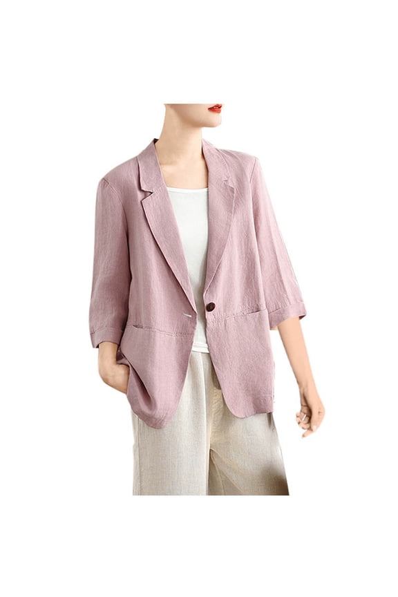 Summer Women Lightweight 3/4 Sleeve Blazer Jackets Casual Solid Color Work Jacket with Pockets