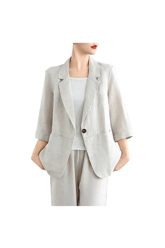 Summer Women Lightweight 3/4 Sleeve Blazer Jackets Casual Solid Color Work Jacket with Pockets