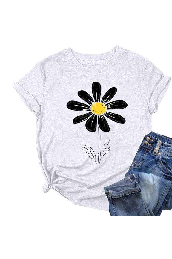 Sunflower Graphic Top for Women Cute Printed T-shirt Casual Short Sleeve Round Neck Loose Fit Blouse