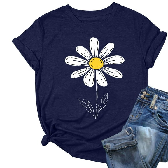 Hvot&aat Sunflower Graphic Top for Women Cute Printed T-shirt Casual Short Sleeve Round Neck Loose Fit Blouse
