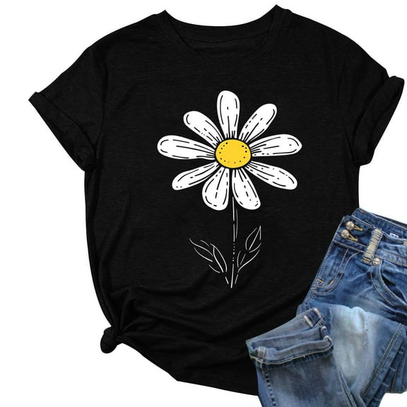 Hvot&aat Sunflower Graphic Top for Women Cute Printed T-shirt Casual Short Sleeve Round Neck Loose Fit Blouse