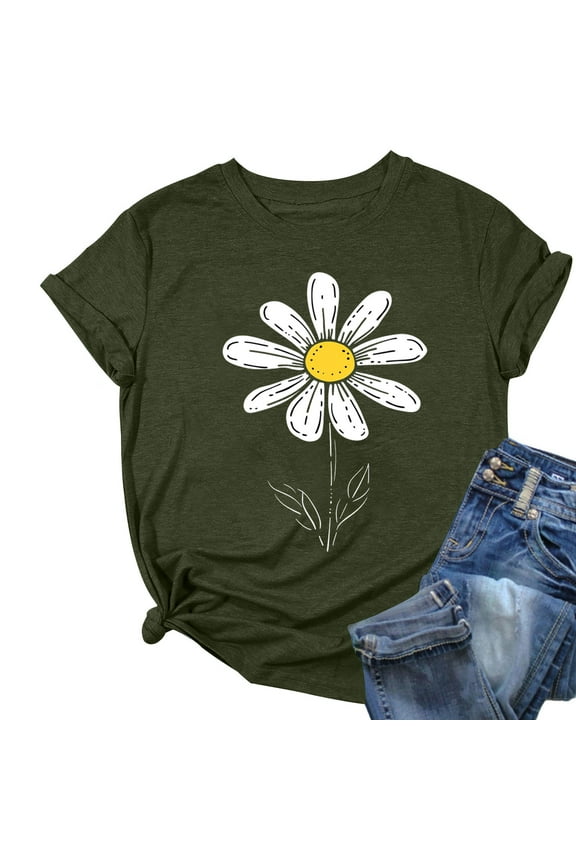 Sunflower Graphic Top for Women Cute Printed T-shirt Casual Short Sleeve Round Neck Loose Fit Blouse