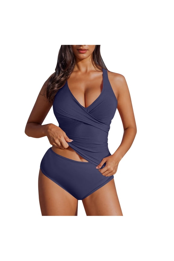 Tankini Swimsuits for Women Solid Color V Neck Tummy Control Bathing Suit with Triangle Swim Trunks Two Piece