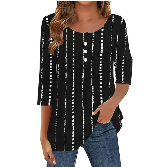 Hvot&aat Tunic Tops for Women Loose Fit Dressy 3/4 Length Sleeve Womens Tops Casual Printed Round Neck Button Blouse