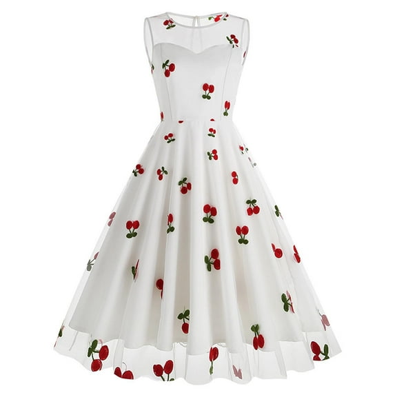 Hvot&aat Vintage Cocktail Dress for Women Cute Cherry Embroidered Mesh Patchwork Sleeveless A-Line Elegant Swing Party Dresses