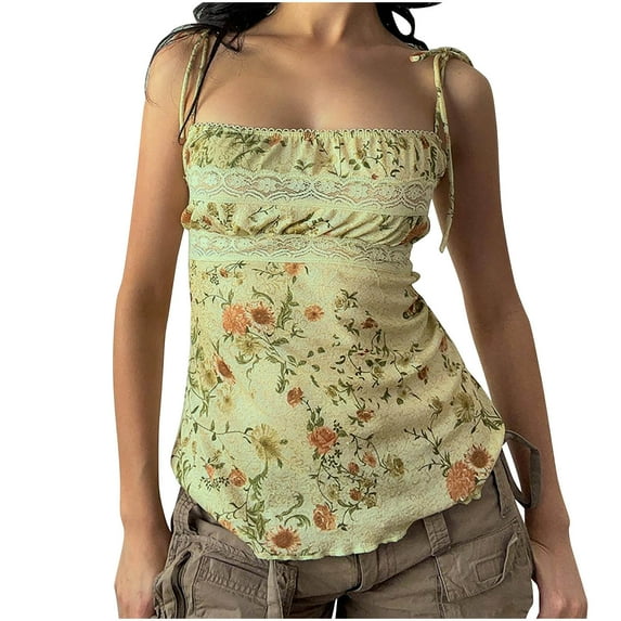 Hvot&aat Vintage Printed Lace Camisole for Women Lightweight Spaghetti Strap Sleeveless Top High Waist Pleated Floral Blouses