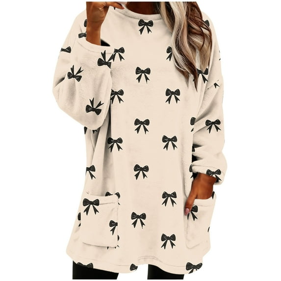 Hvot&aat Winter Warm Fleece Sweaters for Women Trendy Graphic Long Sleeve Crewneck Sweatshirt with Pockets