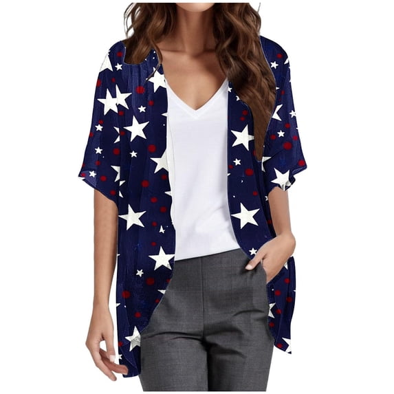 Hvot&aat Women 4th of July Flowy Chiffon Cardigan Independence Day Printing Short Sleeve Cover Up Casual Open Front Blouse Tops