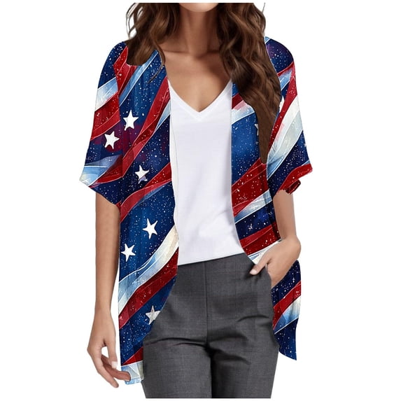 Hvot&aat Women 4th of July Flowy Chiffon Cardigan Independence Day Printing Short Sleeve Cover Up Casual Open Front Blouse Tops