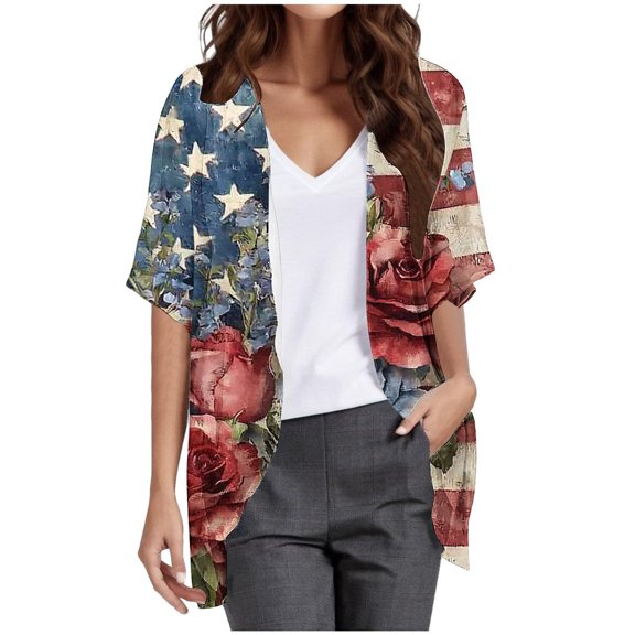 Hvot&aat Women 4th of July Flowy Chiffon Cardigan Independence Day Printing Short Sleeve Cover Up Casual Open Front Blouse Tops