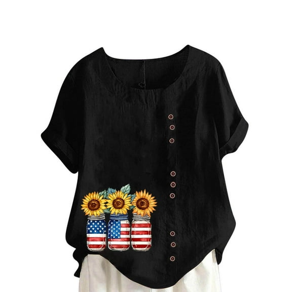 Hvot&aat Women 4th of July Independence Day Linen T-Shirt American Flag Printed Tops Short Sleeve Casual Blouse