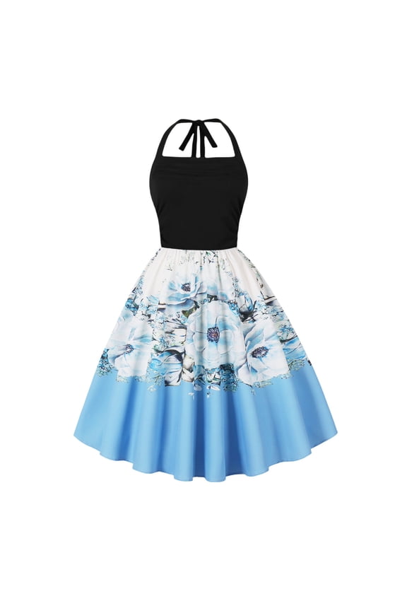 Women 50s Vintage Cocktail Swing Dress Halter Neck A-Line Dresses Prom Tea Party Dress