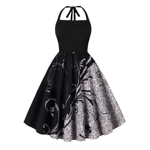 Hvot&aat Women 50s Vintage Cocktail Swing Dress Halter Neck A-Line Dresses Prom Tea Party Dress
