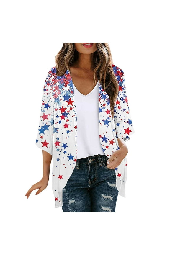 Women American Flag 4th of July Short Sleeve Cardigan Summer Beach Rash Guard Independence Day Printed Cardigan