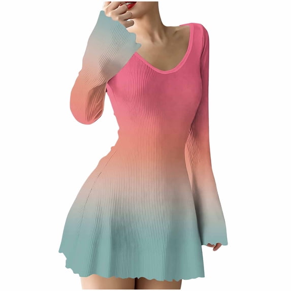Hvot&aat Women Bodycon Sexy Ruffle Hem Mini Dress Long Sleeve V Neck Ribbed Knit Short Dress Cocktail Club Party