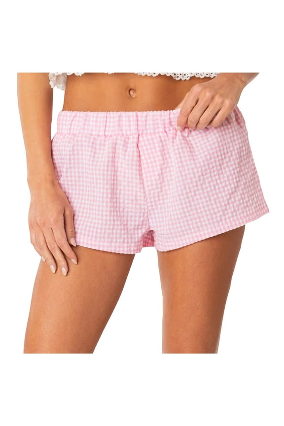 Women Casual Cute Plaid Boxer Shorts Elastic Low-waisted Wide-leg Shorts Summer Lounge Holiday Beach Shorts