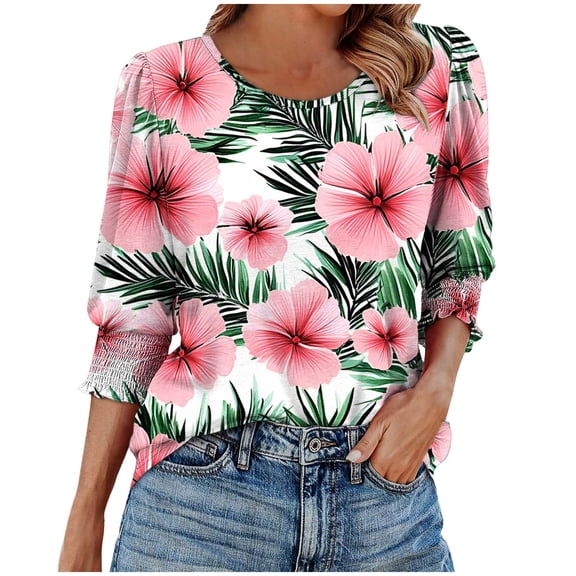 Hvot&aat Women Casual Dressy Blouses 3/4 Length Elastic Smocked Cuffs T-Shirts Round Neck Printed Tops