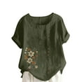 thumbnail image 1 of Hvot&aat Women Casual Linen Tops Crew Neck Roll Cuff Short Sleeve T-shirt Floral Print Loose Fit Plus Size Blouses, 1 of 3