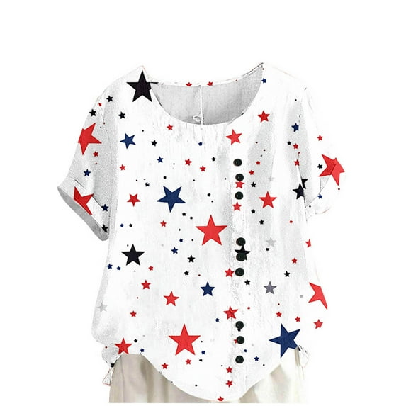 Hvot&aat Women Casual Loose 4th of July Linen Tops Independence American Flag Printed Short Sleeve Tshirts Star Stripes Patriotic Blouse