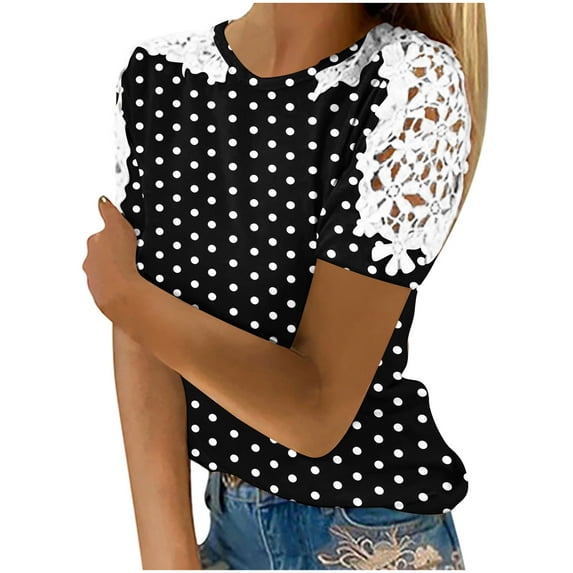 Hvot&aat Women Casual Polka Dots T-shirt Crew Neck Hollow Out Floral Lace Short Sleeve Slim Fit Trendy Ladies Clothes