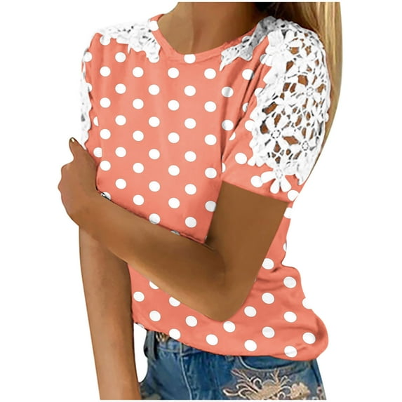Hvot&aat Women Casual Polka Dots T-shirt Crew Neck Hollow Out Floral Lace Short Sleeve Slim Fit Trendy Ladies Clothes