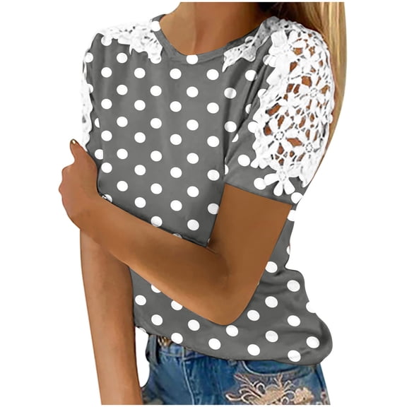 Hvot&aat Women Casual Polka Dots T-shirt Crew Neck Hollow Out Floral Lace Short Sleeve Slim Fit Trendy Ladies Clothes