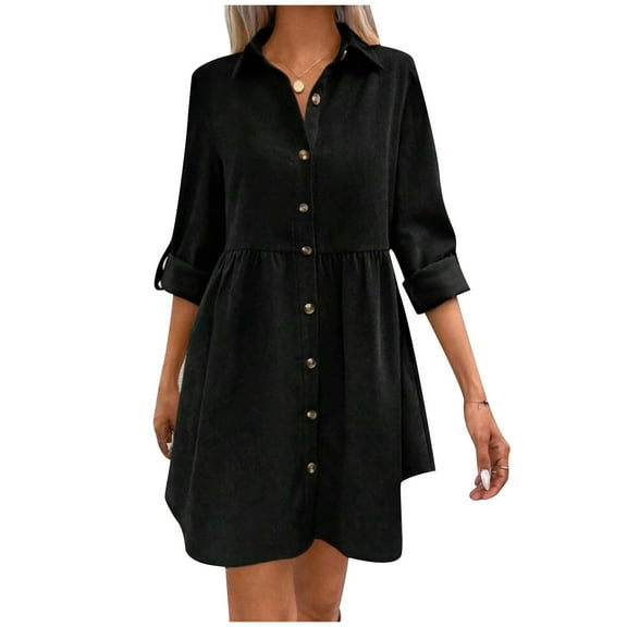 Hvot&aat Women Casual Solid Color Rolled Sleeve Lapel Dress Button Up Loose Fit Shirt Dress Fashion Lightweight Dress