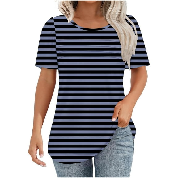 Hvot&aat Women Chest Pleated Striped T Shirts Casual Summer Crewneck Short Sleeve Tops Loose Fit Pullover