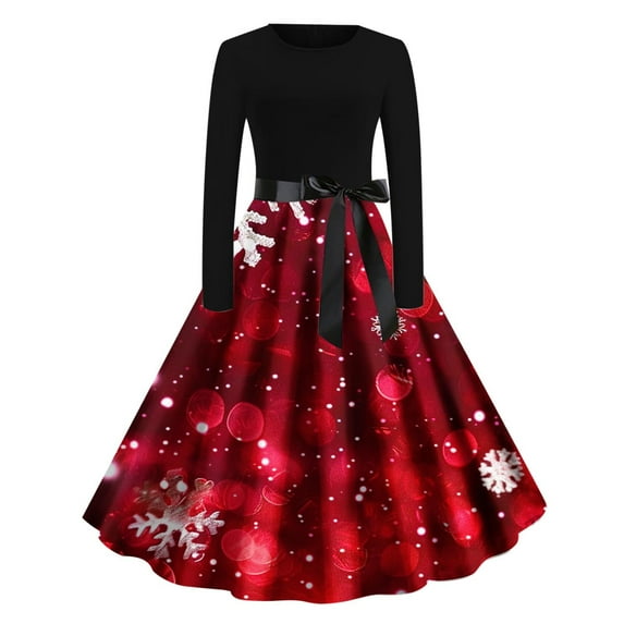 Hvot&aat Women Christmas Printed Party Dresses Crew Neck Fall Dress Vintage Casual Long Sleeve Dress