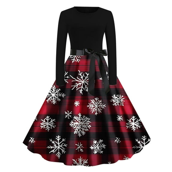 Hvot&aat Women Christmas Printed Party Dresses Crew Neck Fall Dress Vintage Casual Long Sleeve Dress