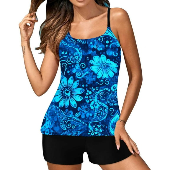 Hvot&aat Women Conservative Spaghetti Straps Two Piece Swimsuits Modest Floral Print Flowy Bathing Suit Blouson Swim Tank Top with Boy Shorts