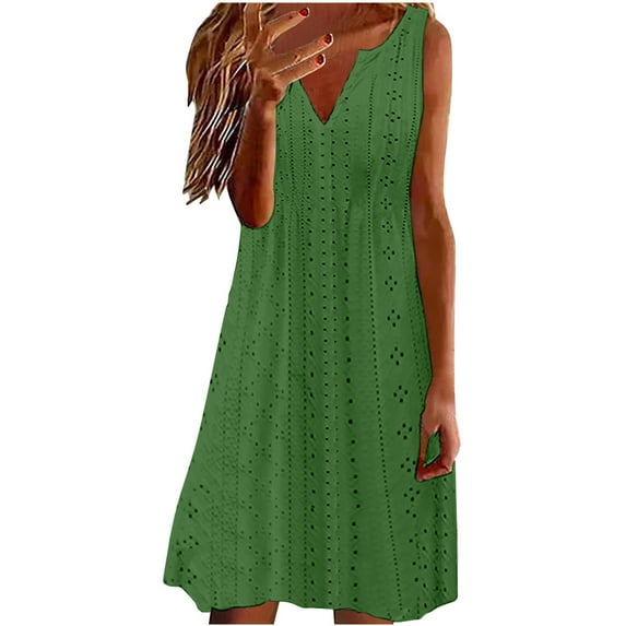 Hvot&aat Women Eyelet Dresses V Neck Sleeveless Knee Length Tank Dress Summer Solid Color Casual Vacation Beach Dress