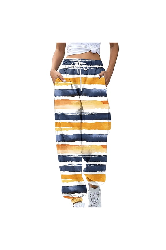 Women Fashion Casual Color Blocked Printed Drawstring Loose Pants