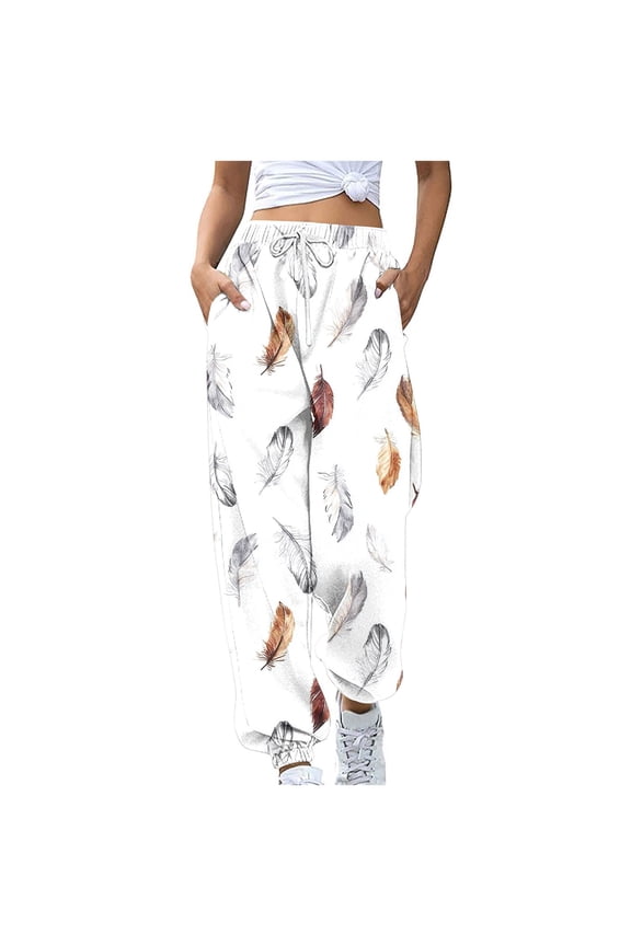 Women Fashion Casual Color Blocked Printed Drawstring Loose Pants