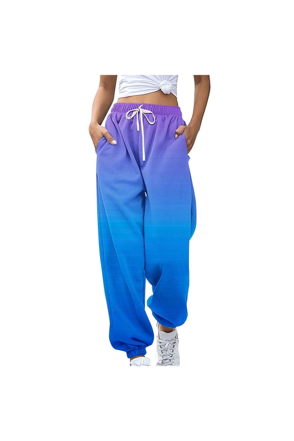 Women Fashion Casual Color Blocked Printed Drawstring Loose Pants